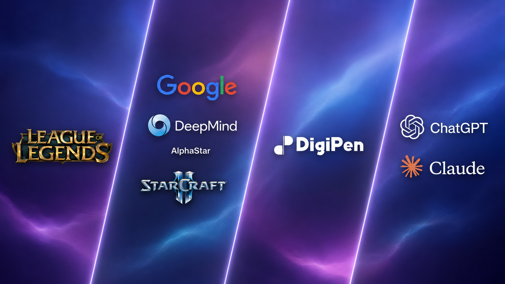 The logos of my journey laid out across a soft gradient: League of Legends, then Google DeepMind with AlphaStar and StarCraft II, then DigiPen, and finally ChatGPT and Claude.